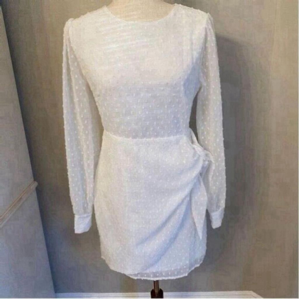 Lulus Much Love White Swiss Dot Long Sleeve Tie-Front Mini Dress Size Small - Picture 5 of 10